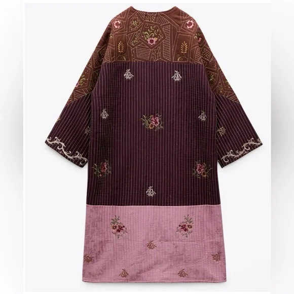 Zara Patchwork Embroidered Kimono Robe - Pink & Brown - Picture 2 of 5